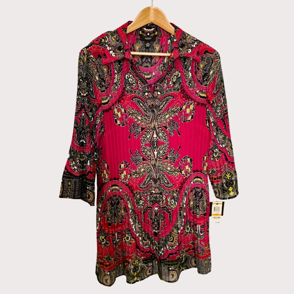 ALFANI light & bright pink paisley stretch collared summer Tunic - 16W
